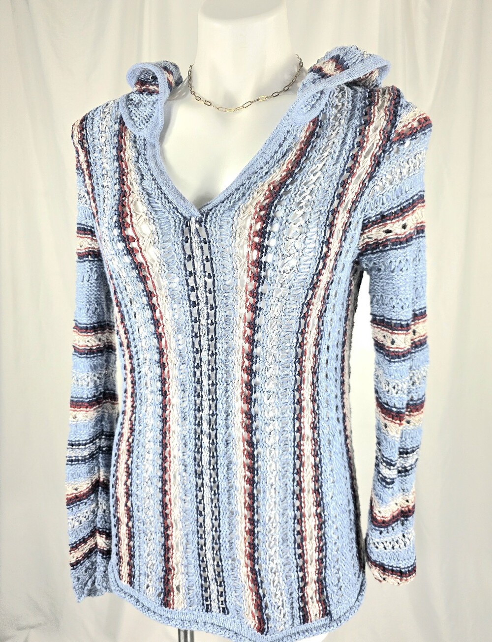 Eddie Bauer Striped Hooded Knit Sweater in Light Blue, Red, Navy, Cream - Picture 2 of 13